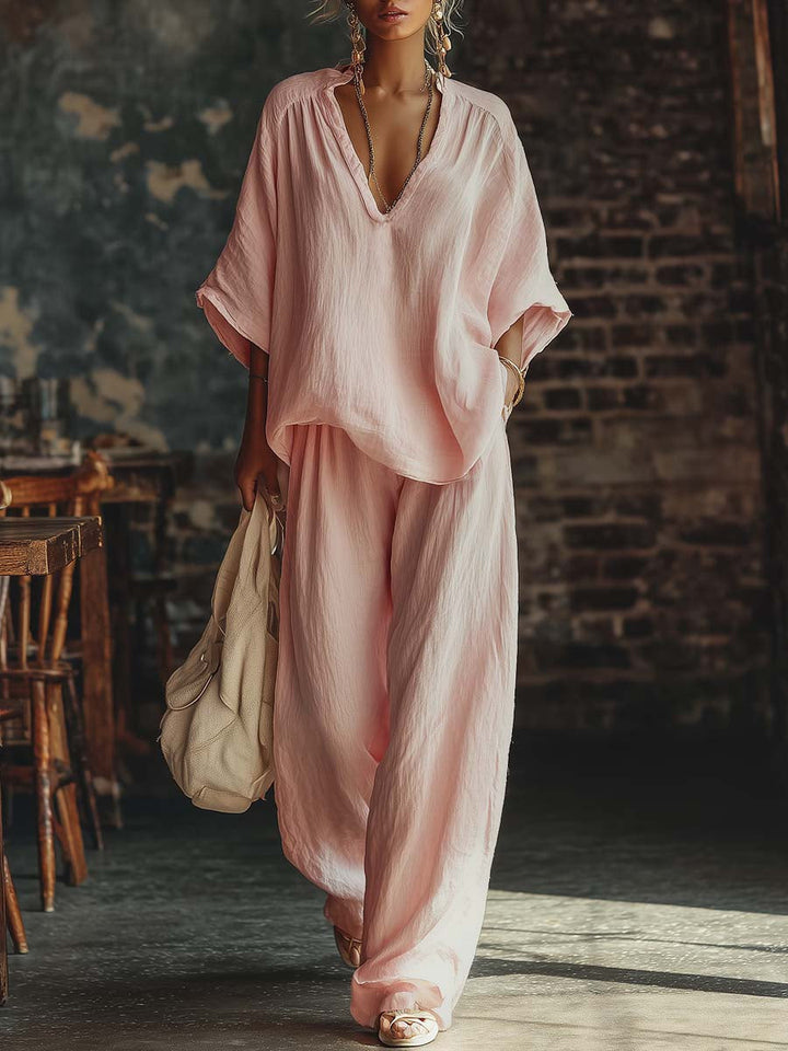 Harper | Blended Fabric V-Neck Shirt & Trousers Set