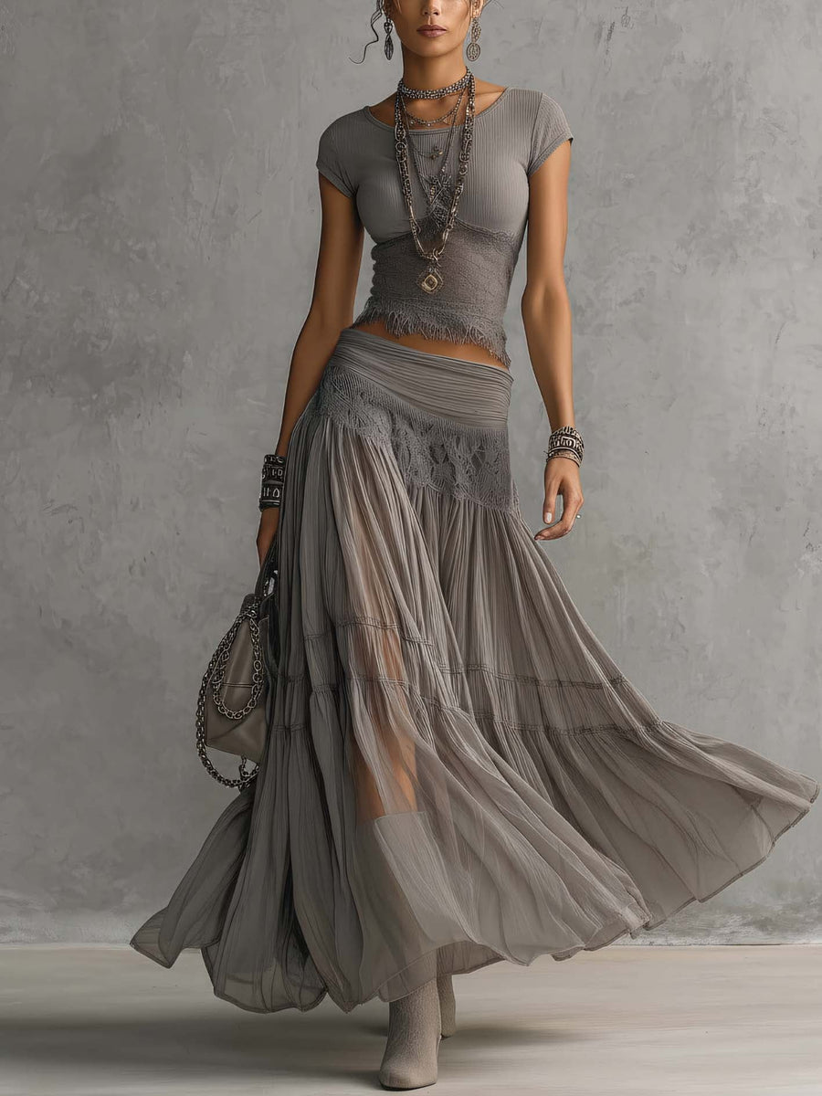 Simone | Sheer Lace-Panel Top & Maxi Skirt Set