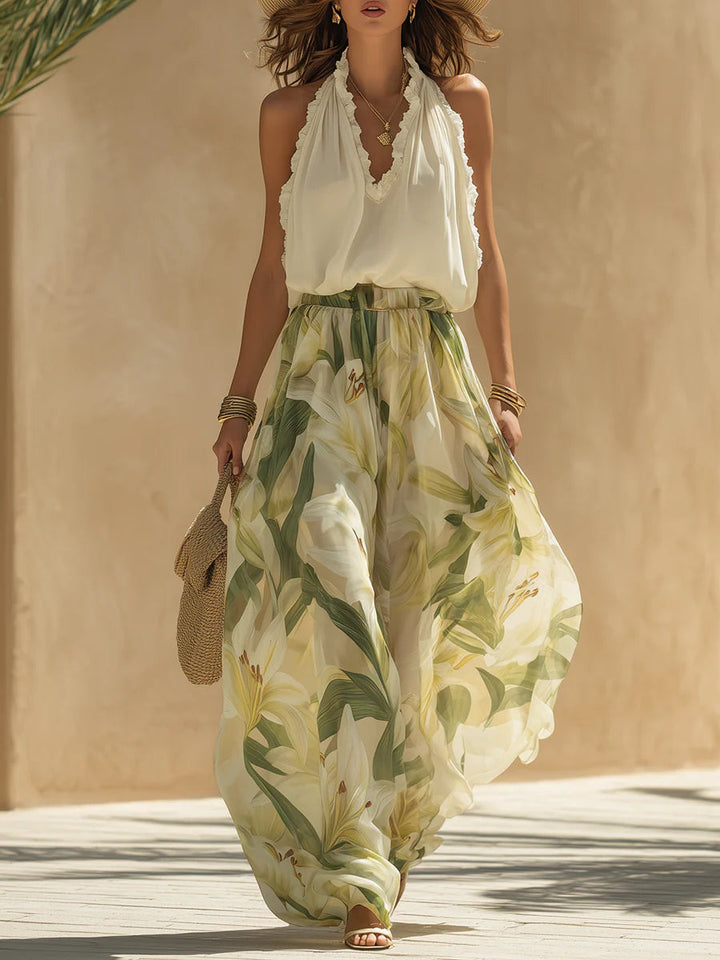 Alessandra - Sleeveless Top with Ruffles and Lilium Print Trousers
