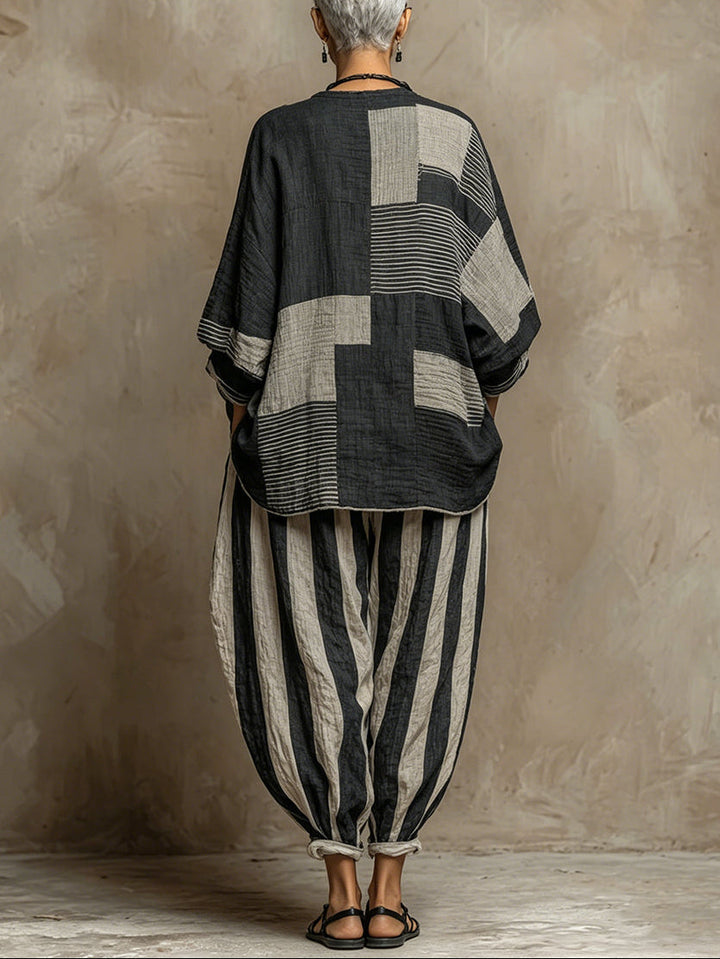 Imani | Long-Sleeve Color-Block Top & Elastic-Waist Pants Set