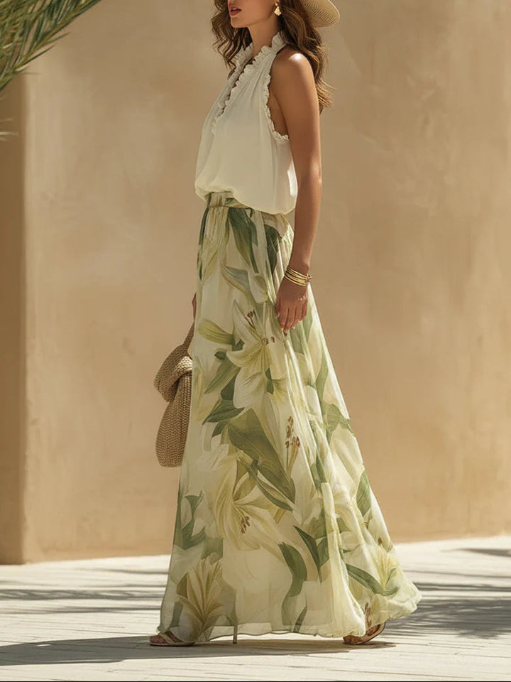 Alessandra - Sleeveless Top with Ruffles and Lilium Print Trousers