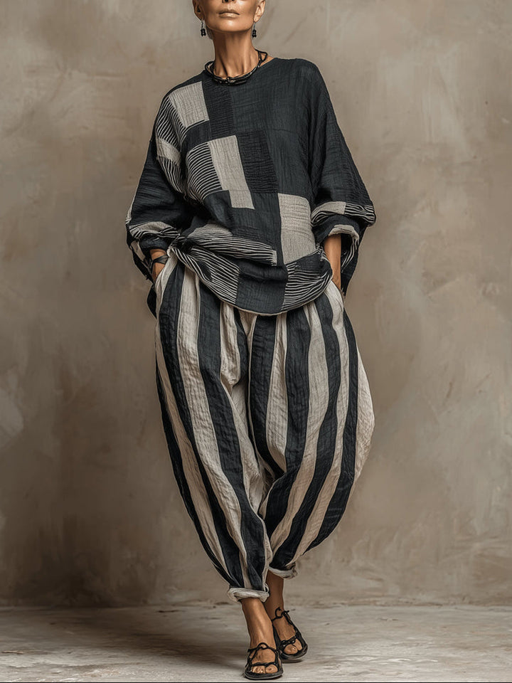 Imani | Long-Sleeve Color-Block Top & Elastic-Waist Pants Set