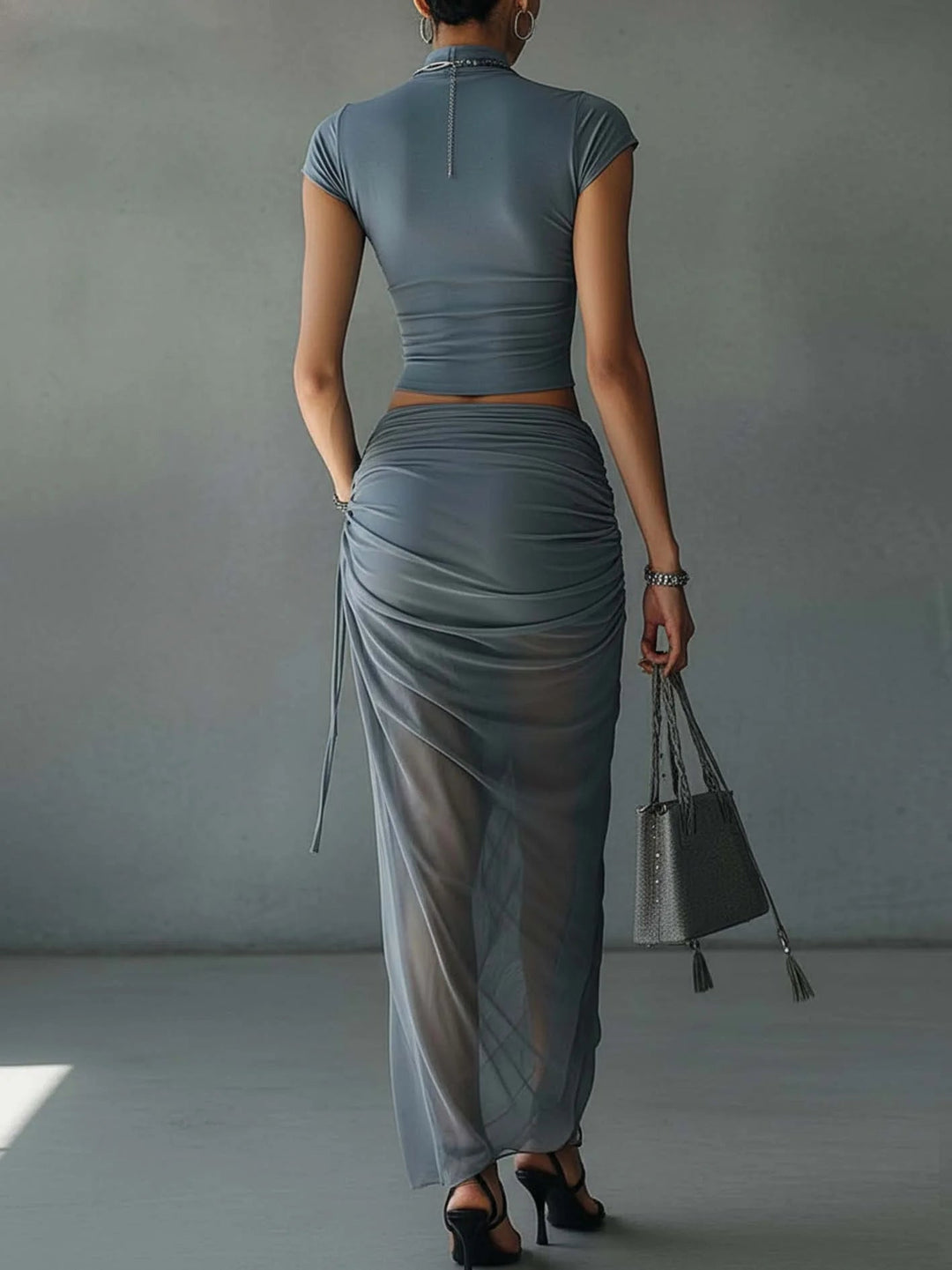 Jasmine | Cropped Tee & Sheer Mesh Draped Skirt Set