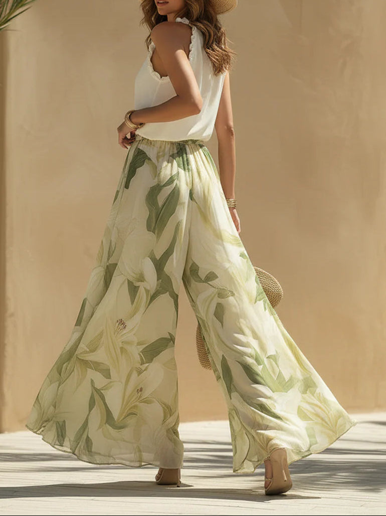 Vacation Sleeveless Top And Lily Print Pants Set