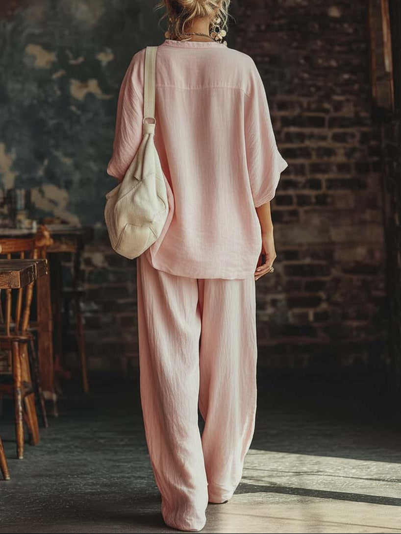 Harper | Blended Fabric V-Neck Shirt & Trousers Set