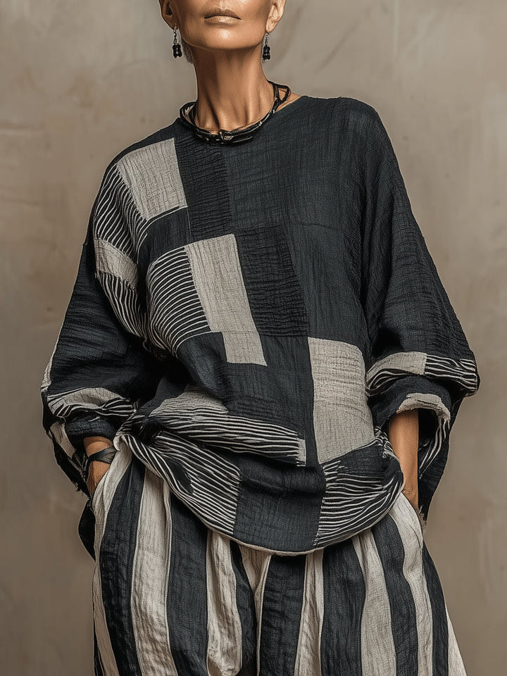 Imani | Long-Sleeve Color-Block Top & Elastic-Waist Pants Set