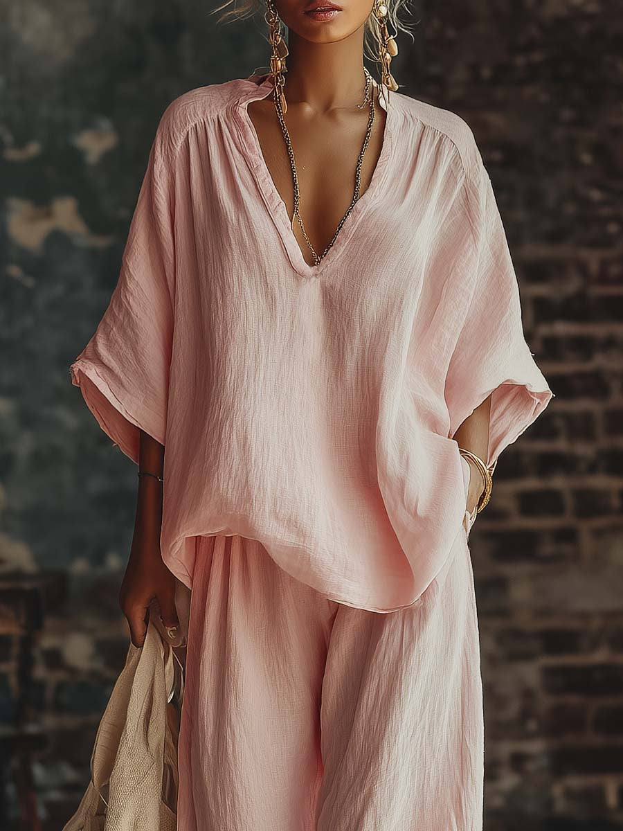 Harper | Blended Fabric V-Neck Shirt & Trousers Set