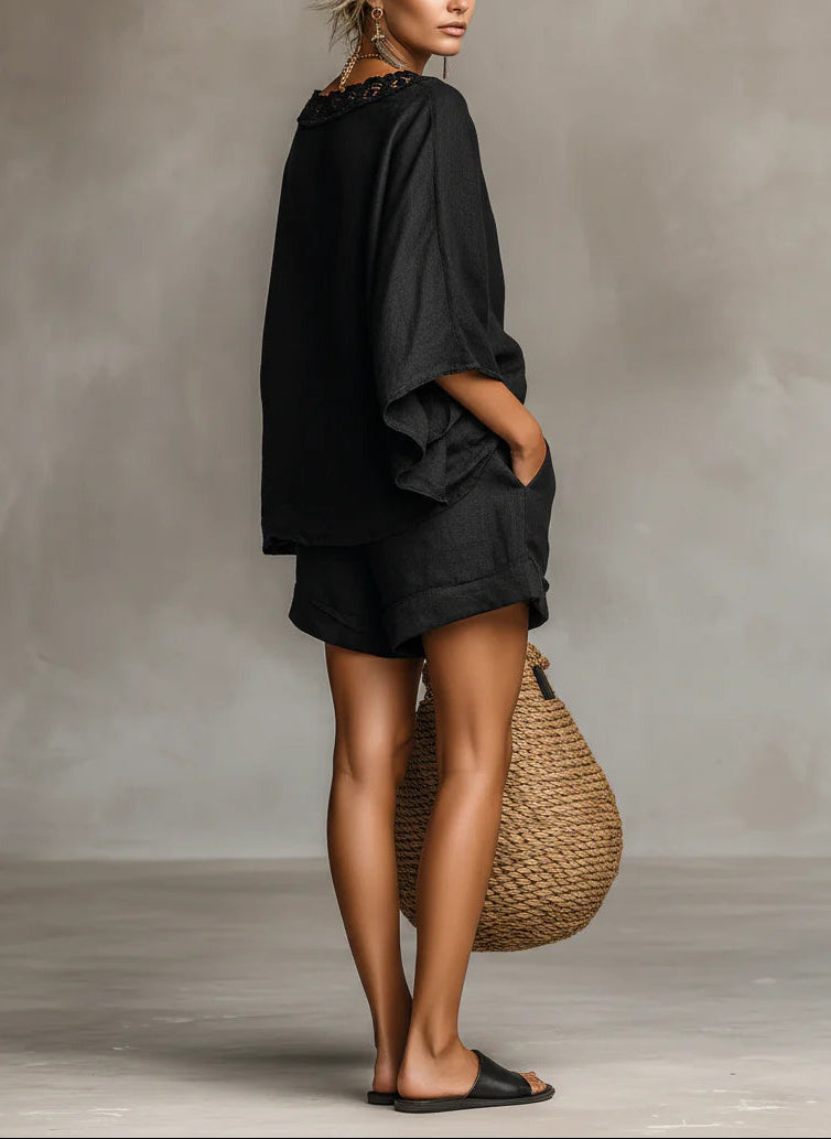 Harper | Lace Boat Neck Blouse & Shorts Set