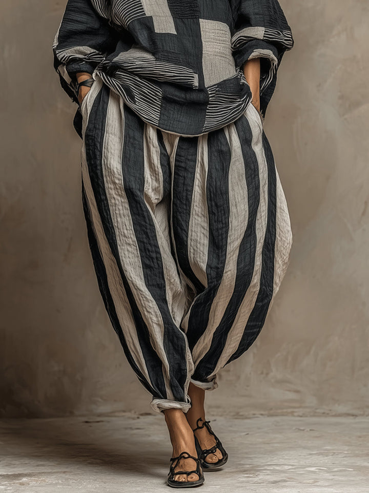 Imani | Long-Sleeve Color-Block Top & Elastic-Waist Pants Set