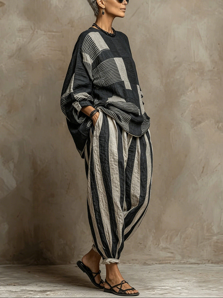 Imani | Long-Sleeve Color-Block Top & Elastic-Waist Pants Set