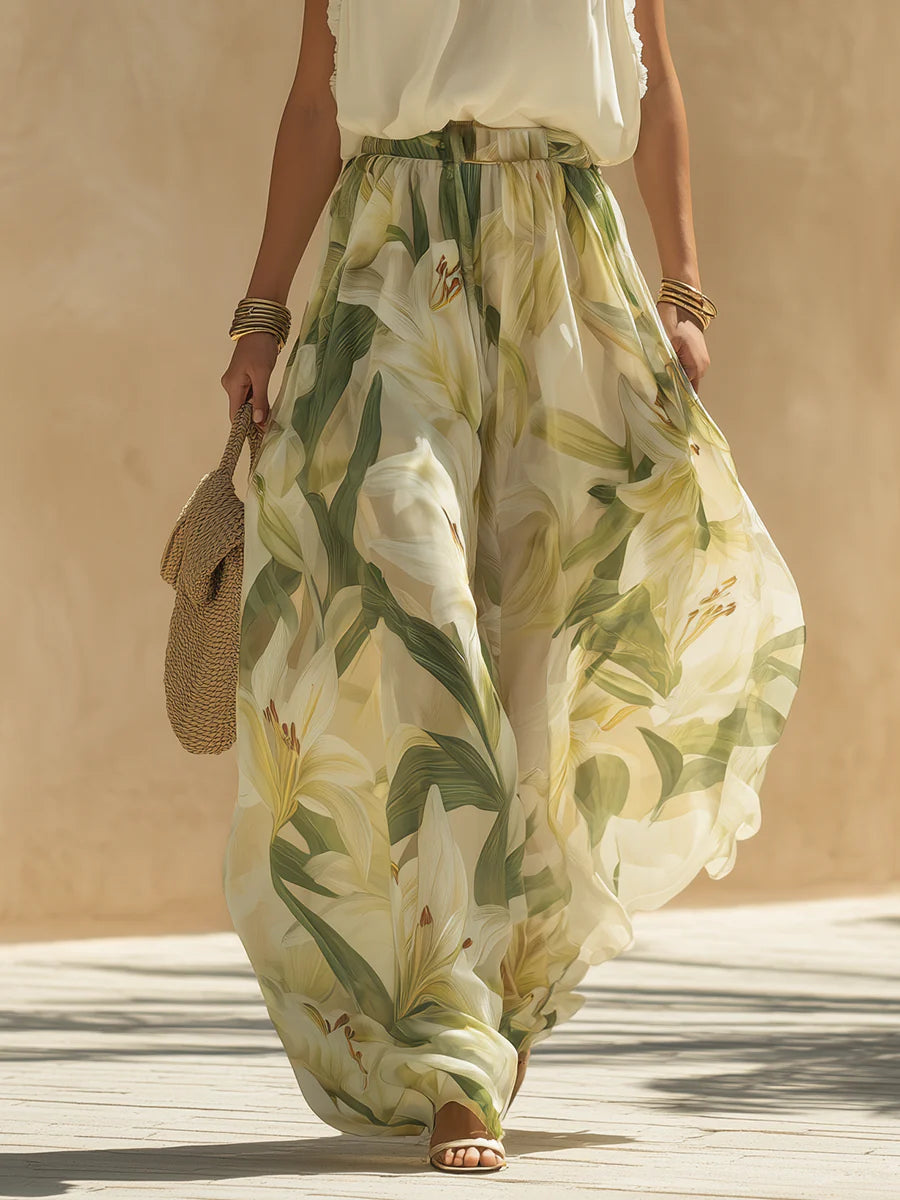 Vacation Sleeveless Top And Lily Print Pants Set