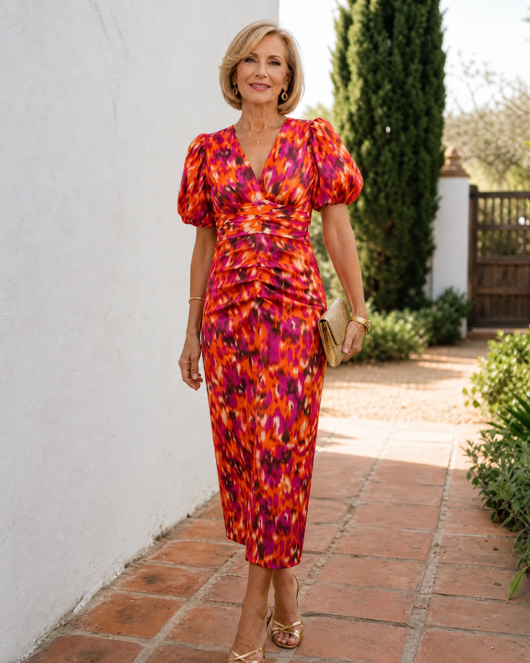 Zavienna | Abstract Print Puff Sleeve Ruched Midi Dress