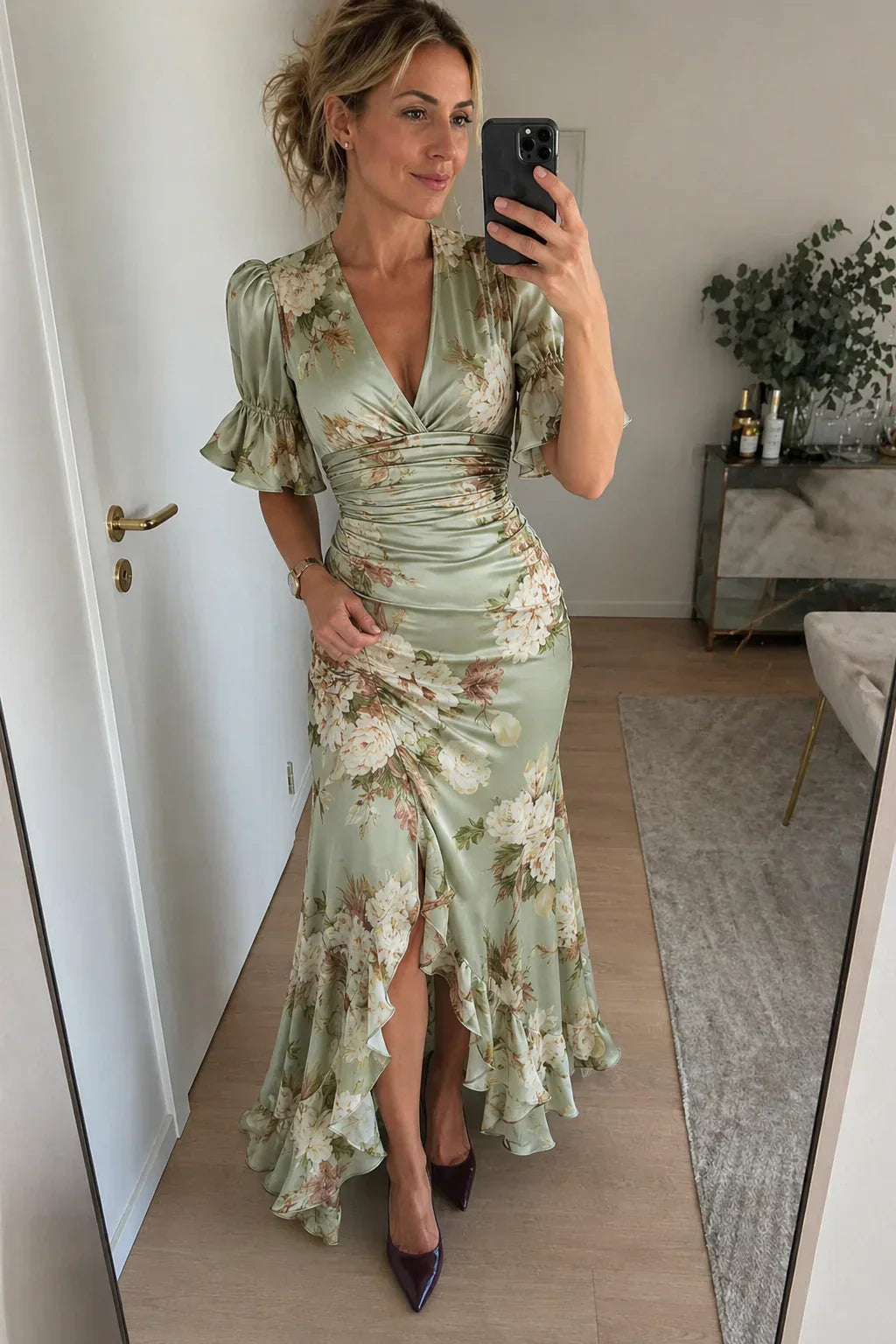 Lucía | Asymmetrical Long Satin Dress with Floral Print