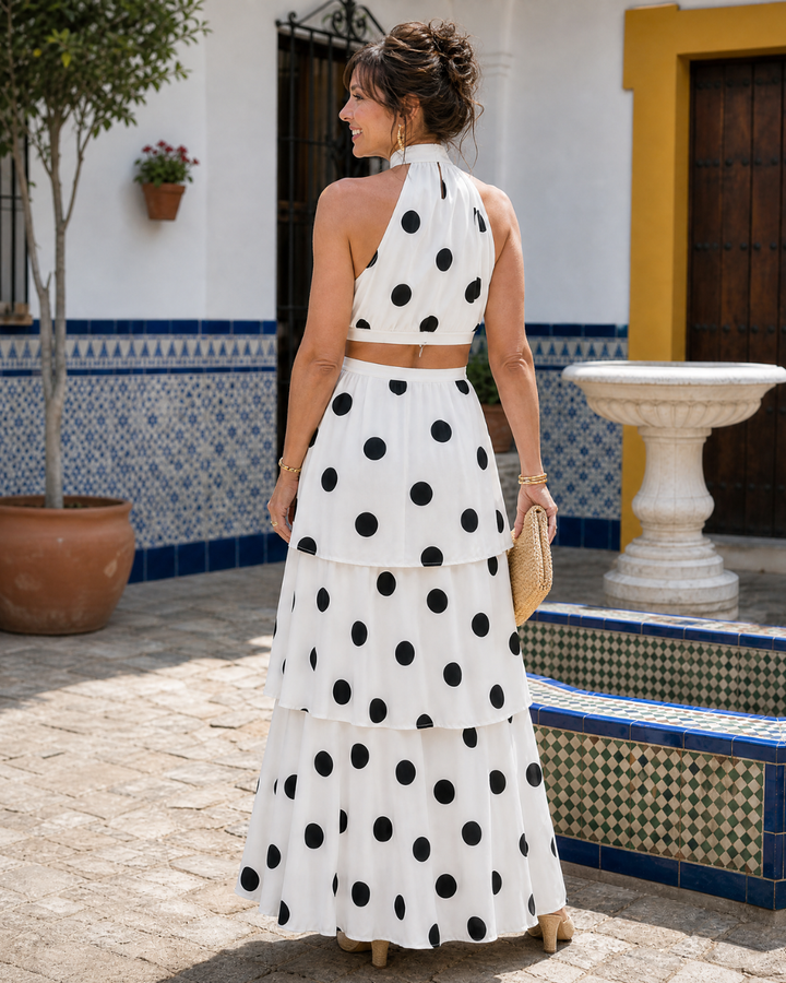 Lysa | Polka Dot Halter Top And Tiered Maxi Skirt Set