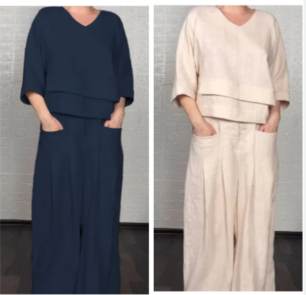 Liza | 2-piece cotton-linen set – V-neck top and wide-leg trousers • S1