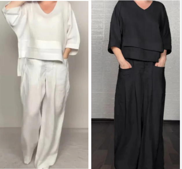 Liza | 2-piece cotton-linen set – V-neck top and wide-leg trousers • S1