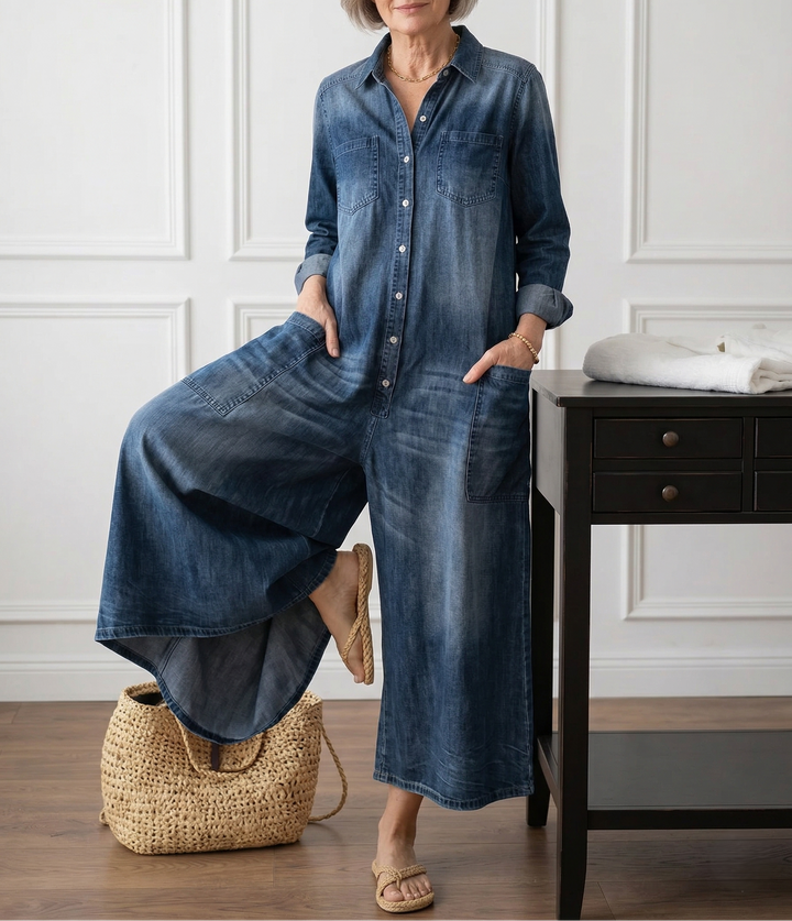 Diana | Vintage Washed Soft Cotton Denim Jumpsuit with Button Closure