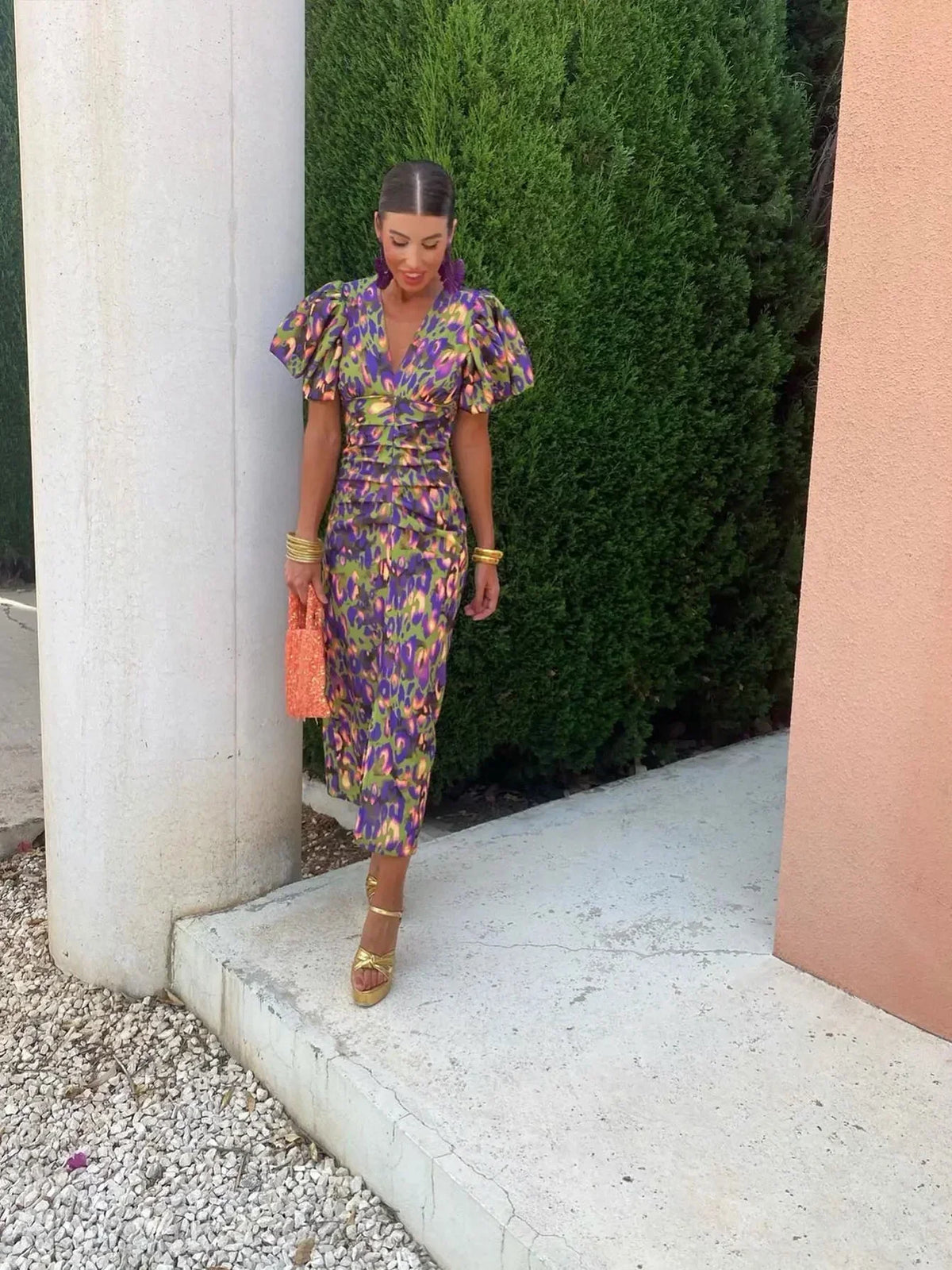 Aurora™ | Vibrant Midi Dress with Balloon Sleeves