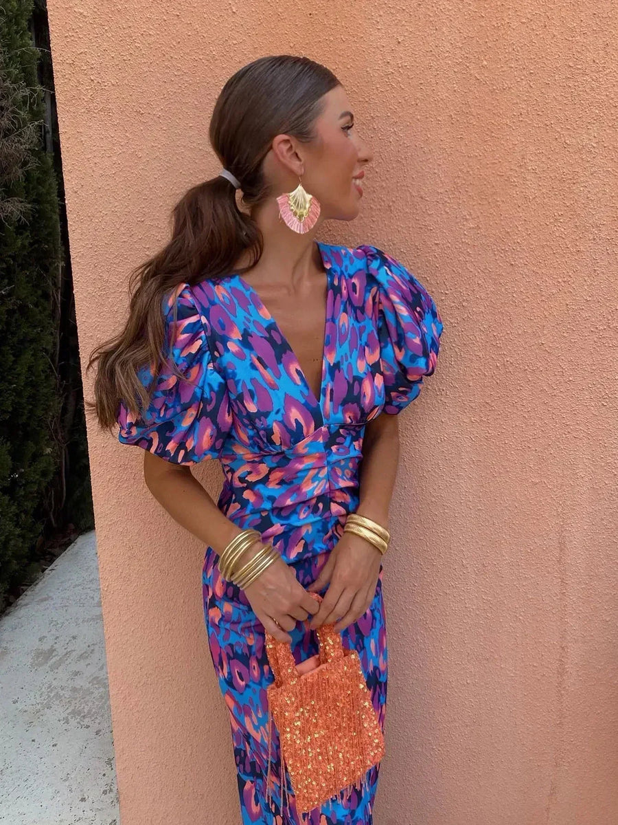 Aurora™ | Vibrant Midi Dress with Balloon Sleeves