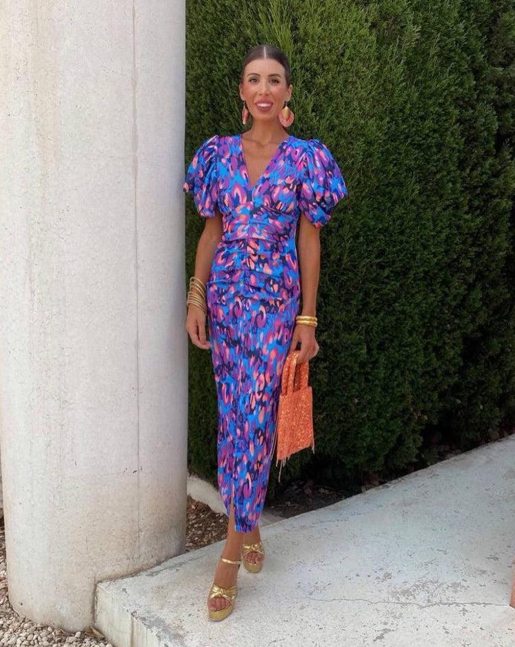 Aurora™ | Vibrant Midi Dress with Balloon Sleeves