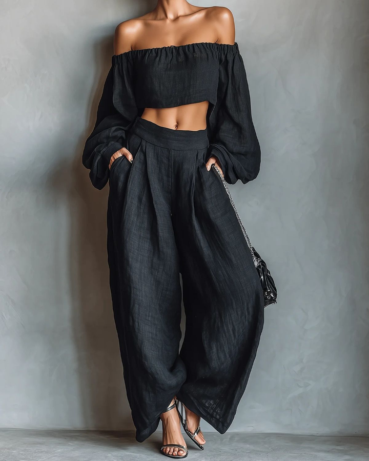 Aisha | Strapless-Style Top & Wide-Leg Pants Set