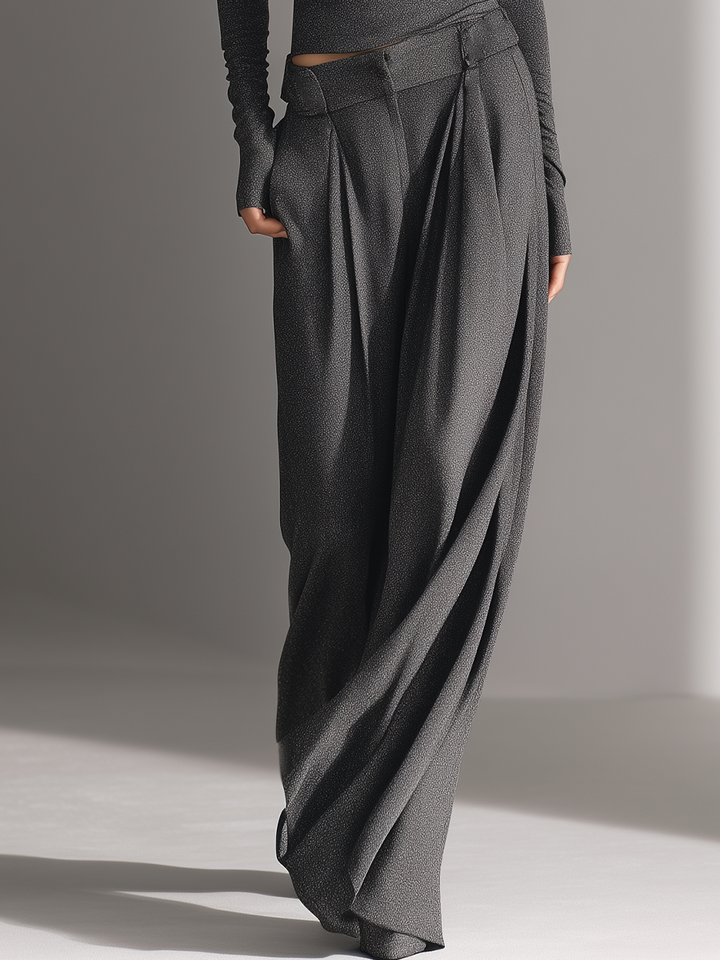 Jasmine | Charcoal Textured Off-Shoulder Top & Wide-Leg Pants Set