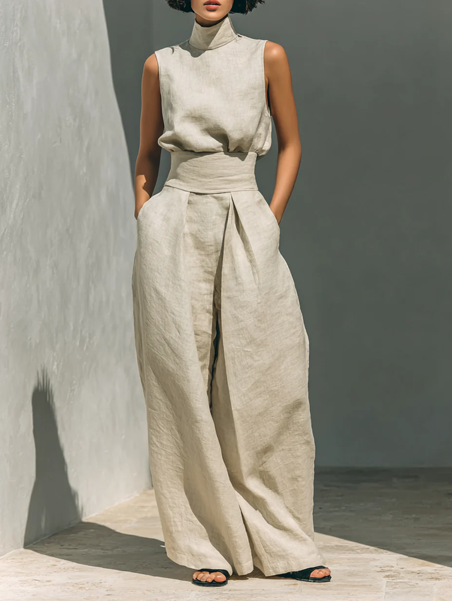 Aurora | Set consisting of a sleeveless beige top in a blend and wide-leg pants