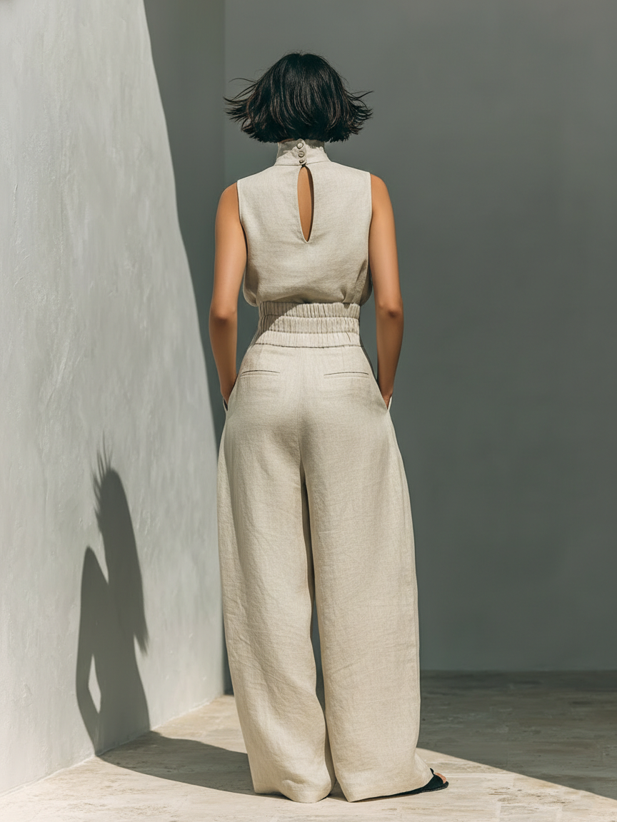Aurora | Set consisting of a sleeveless beige top in a blend and wide-leg pants