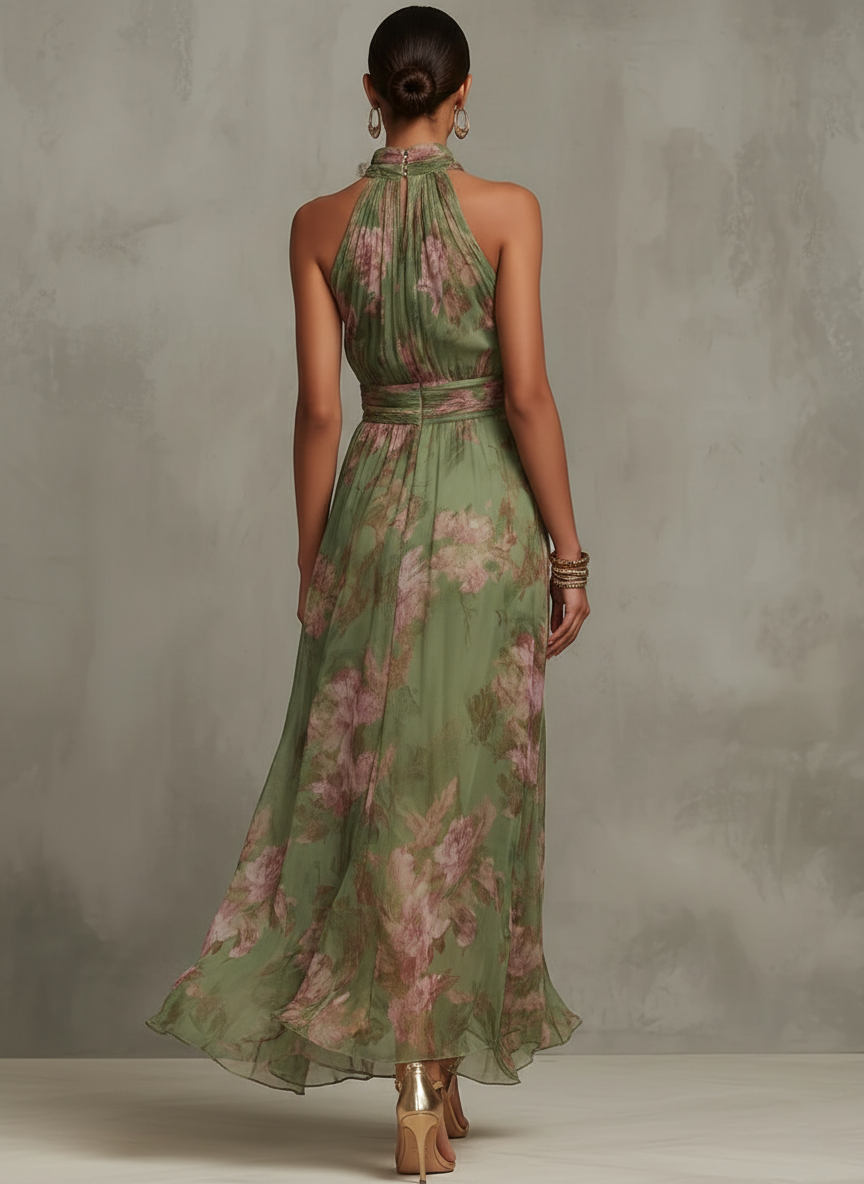Serena - Long floral green dress with halter neckline