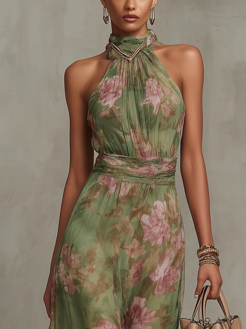 Serena - Long floral green dress with halter neckline