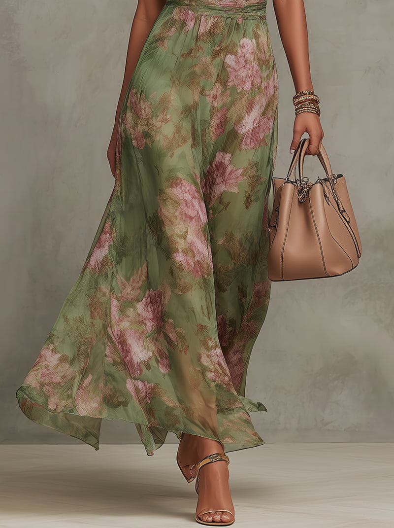Serena - Long floral green dress with halter neckline