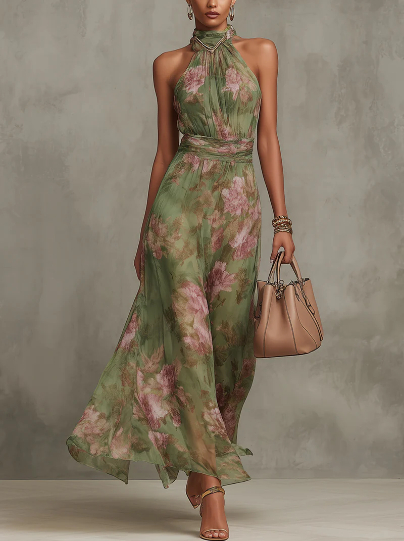 Serena - Long floral green dress with halter neckline