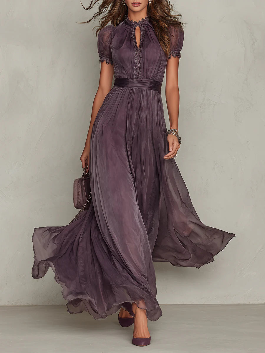Flavia | Long Purple Dress with Keyhole Neckline, Lace Trim