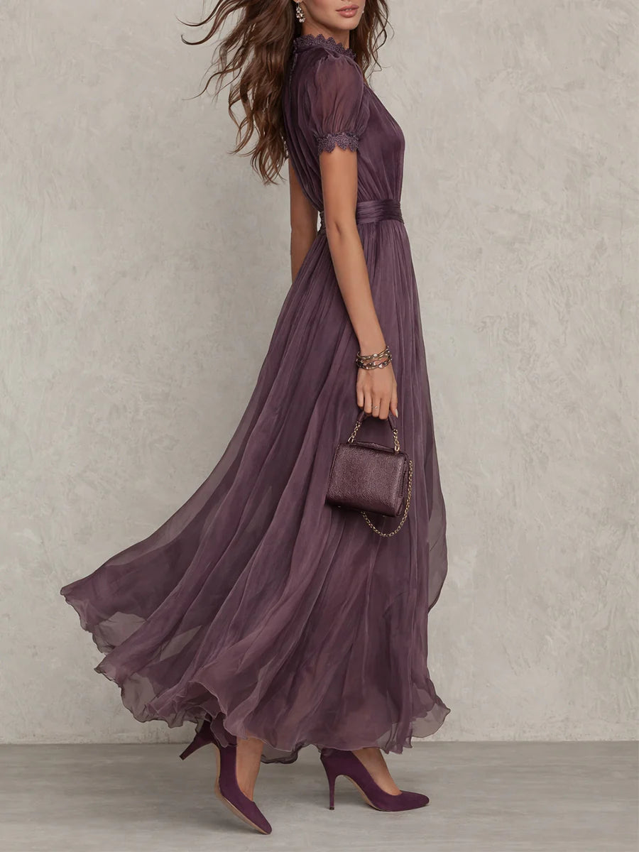 Flavia | Long Purple Dress with Keyhole Neckline, Lace Trim