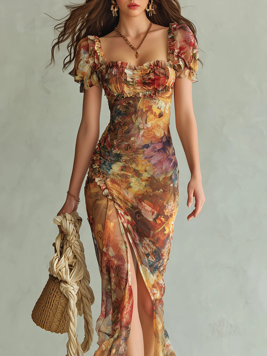 Orange Bohemian Holiday Oil Painting Print Maxi Dress