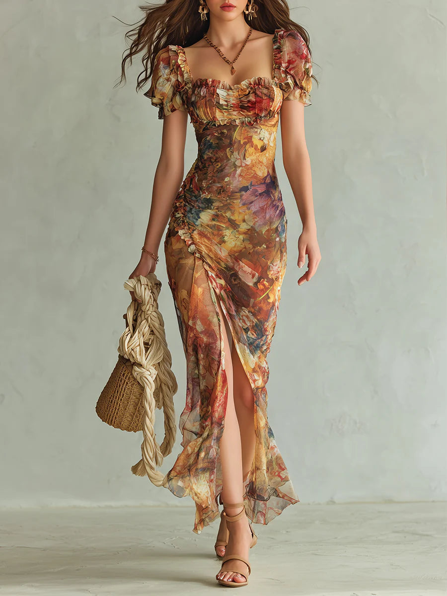 Orange Bohemian Holiday Oil Painting Print Maxi Dress