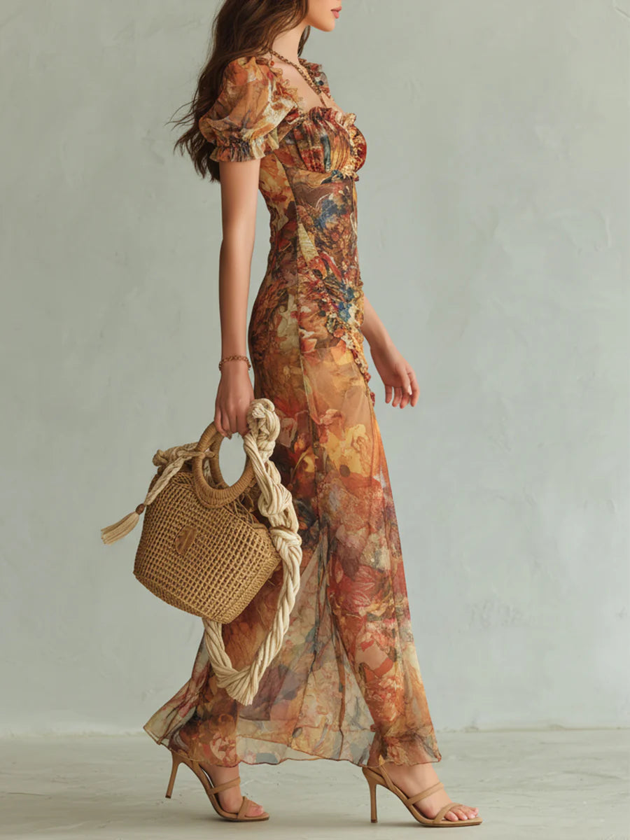 Viola | Long orange dress with bohemian-style oil painting print