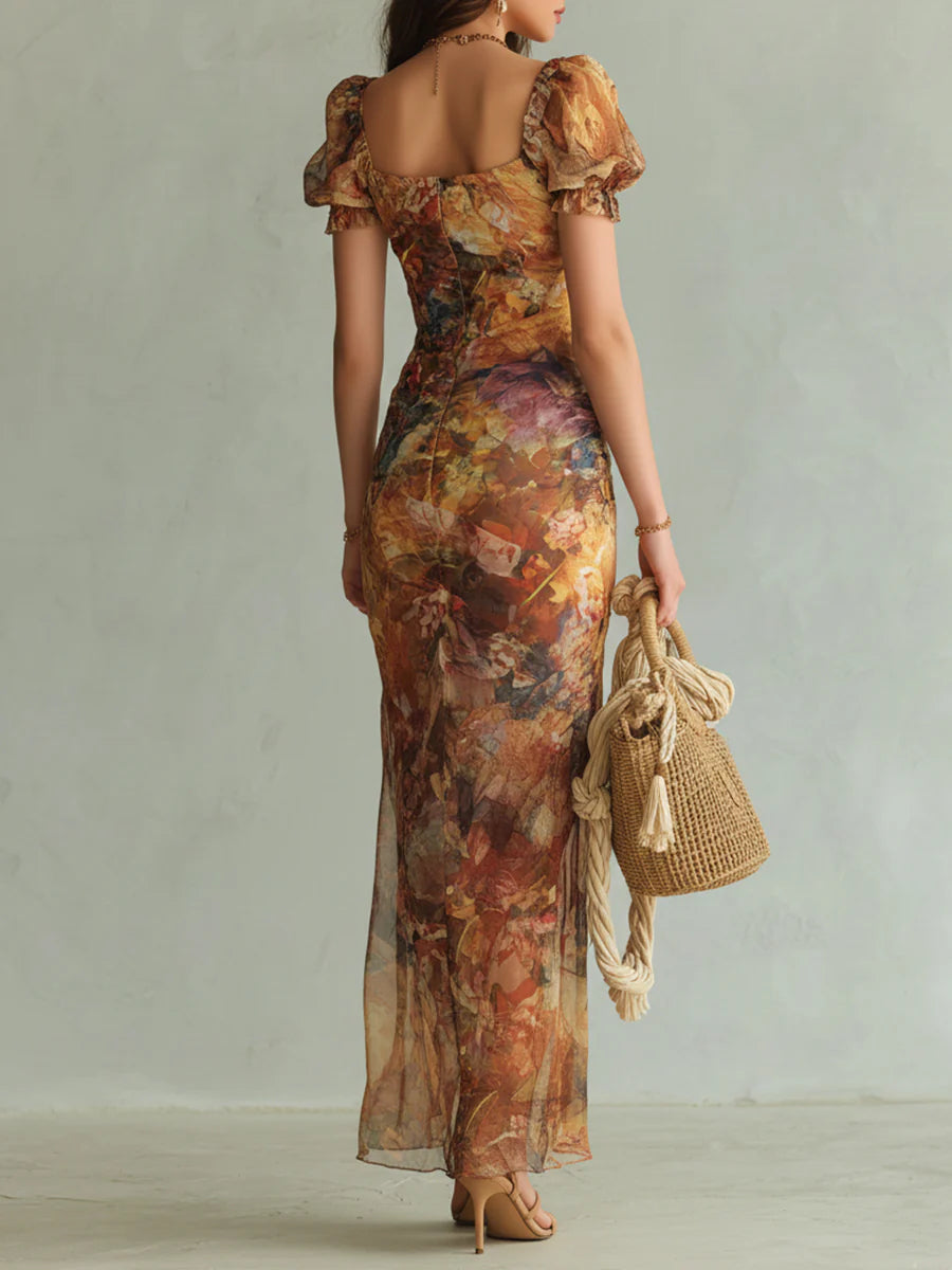 Orange Bohemian Holiday Oil Painting Print Maxi Dress