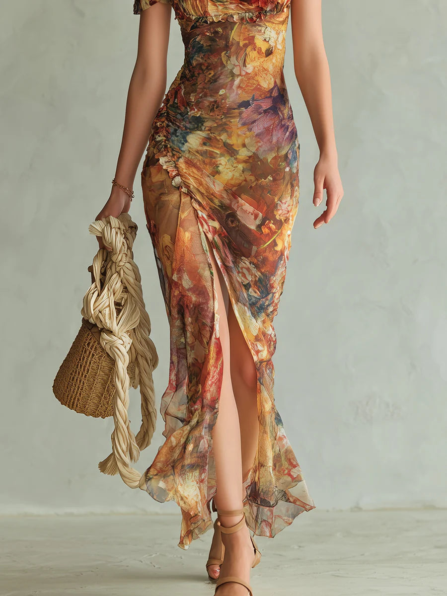 Viola | Long orange dress with bohemian-style oil painting print