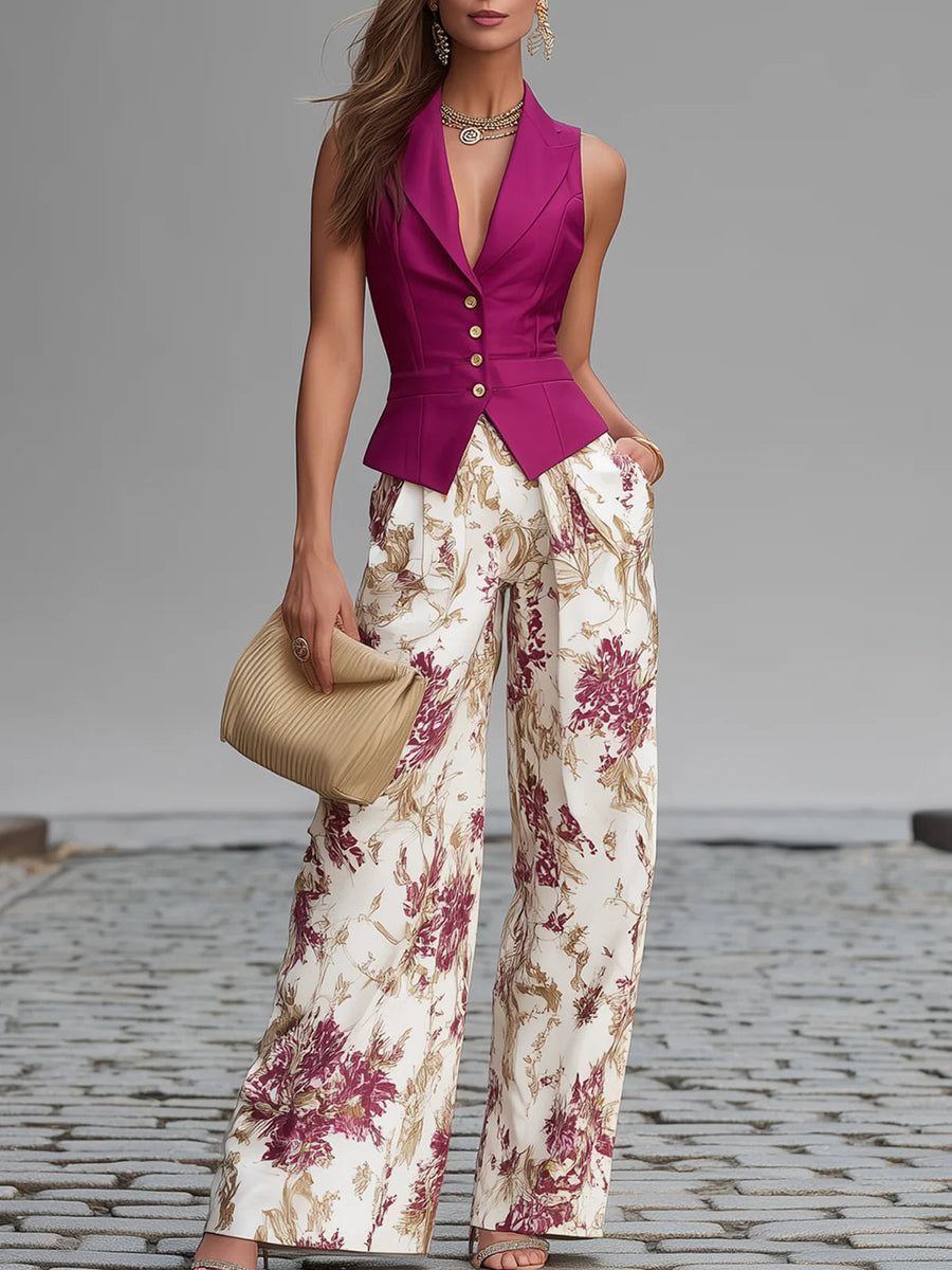 Maya | Spandex-Blend Sleeveless Vest & Floral Wide-Leg Pants Set