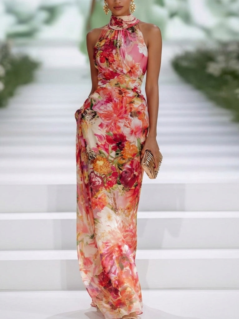 Red Floral Halter-neck Sleeveless Maxi Dress