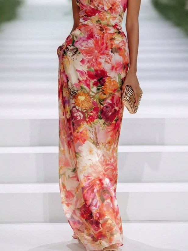 Red Floral Halter-neck Sleeveless Maxi Dress