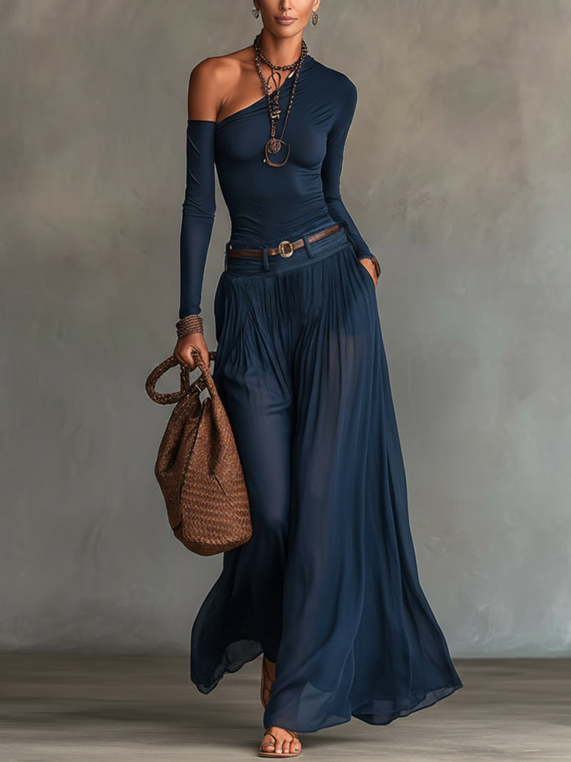 Camila | One-Shoulder Jersey Bodysuit & Sheer Maxi Skirt Set