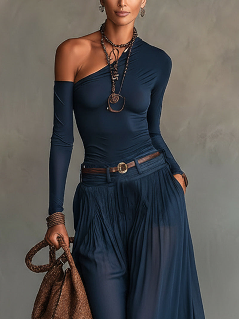 Camila | One-Shoulder Jersey Bodysuit & Sheer Maxi Skirt Set
