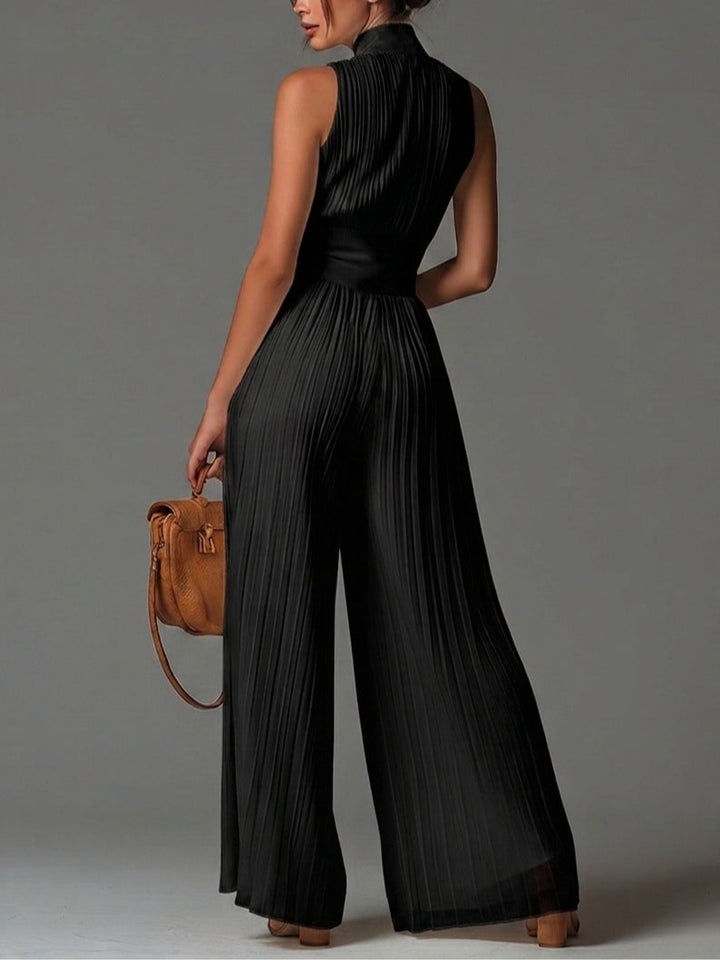 Black V-neck Sleeveless Zip-up Wide-leg Jumpsuit