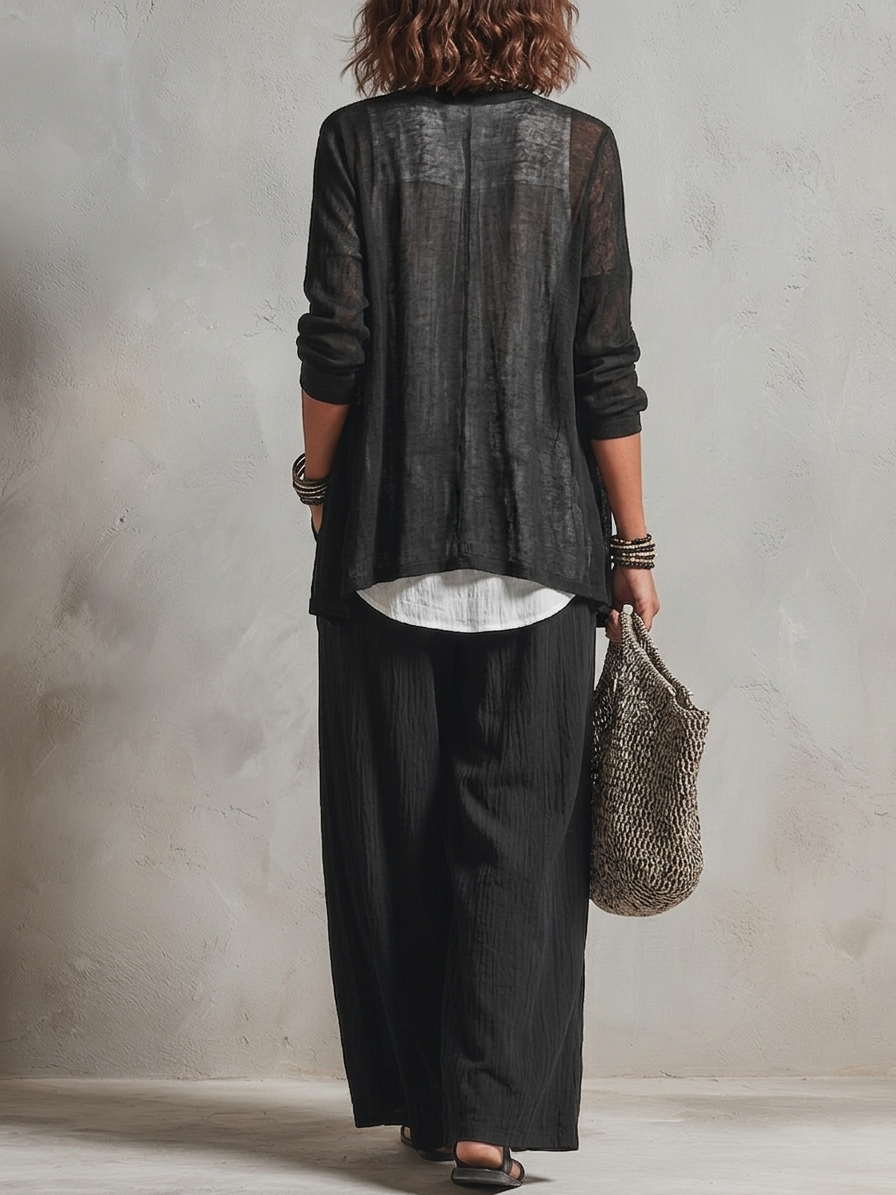 Monique | Three-Piece Set: Layered Cardigan & High-Waist Wide-Leg Pants