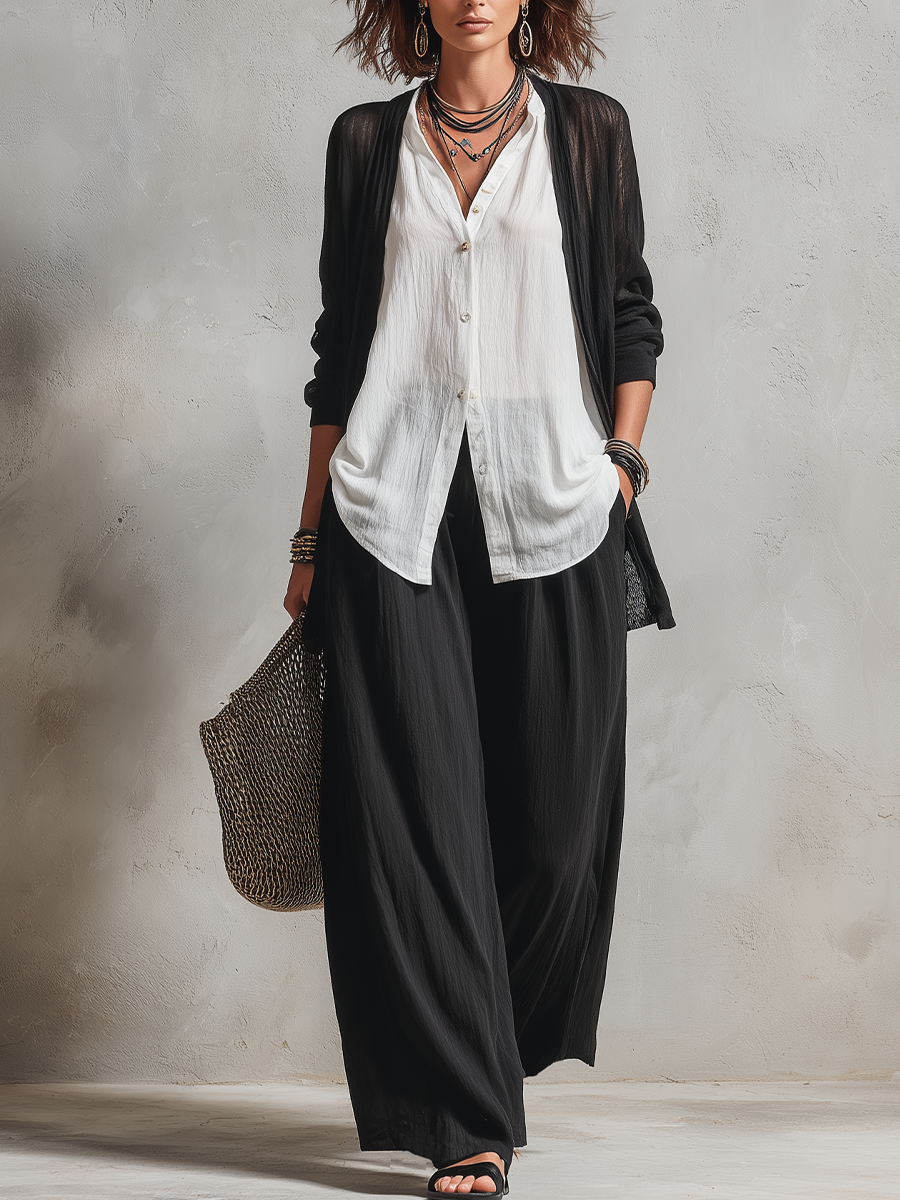 Monique | Three-Piece Set: Layered Cardigan & High-Waist Wide-Leg Pants