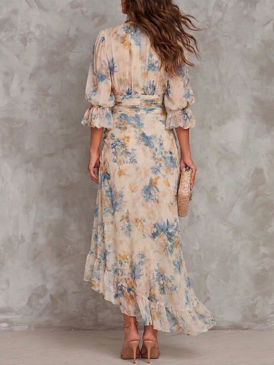 Beige Turtleneck Oil Painting Floral Print Irregular Maxi Dress