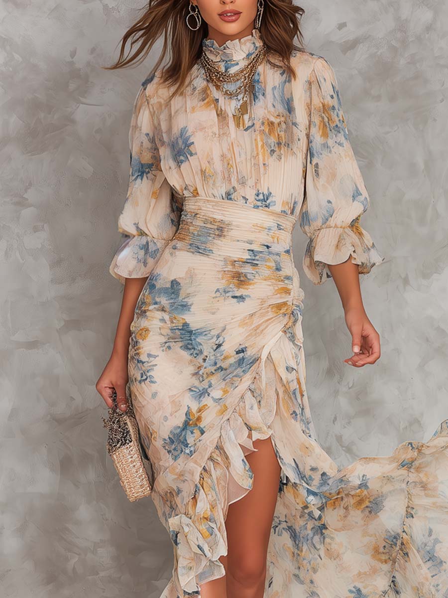 Beige Turtleneck Oil Painting Floral Print Irregular Maxi Dress