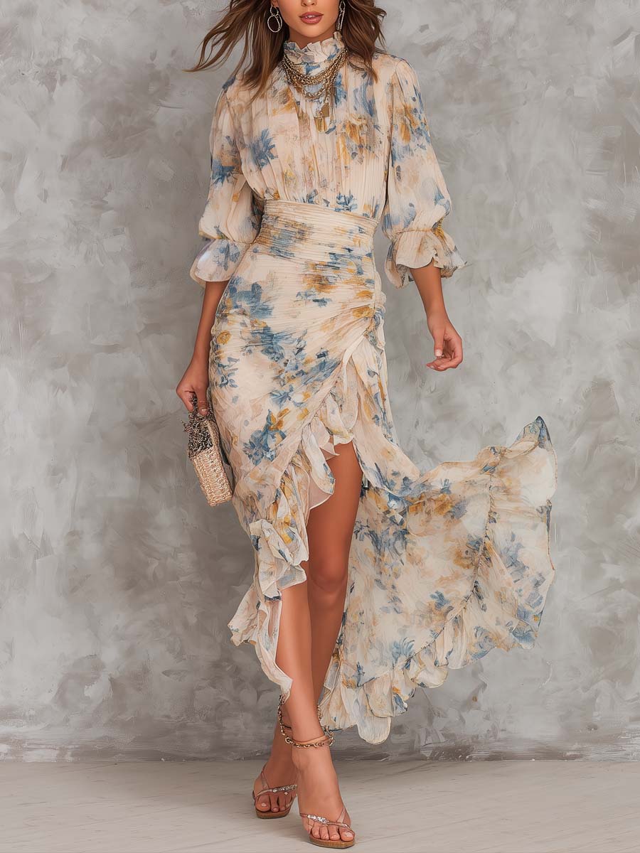 Beige Turtleneck Oil Painting Floral Print Irregular Maxi Dress